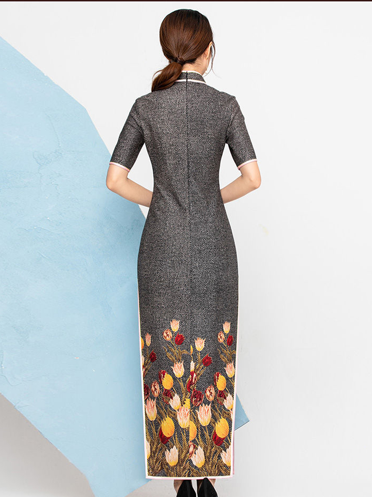 傳統精美腳花斜襟長旗袍連衣裙