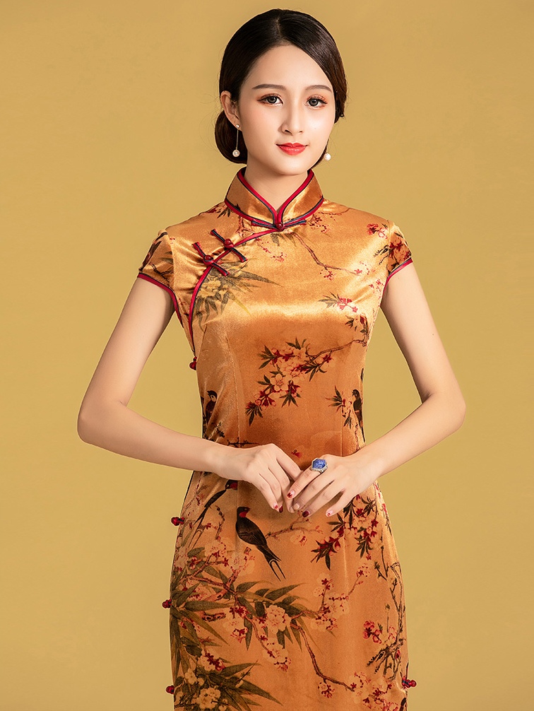 金絲絨全開襟雙捆重工長旗袍連衣裙