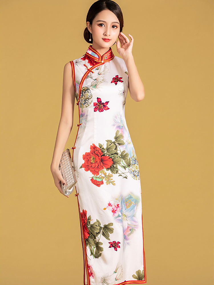 高雅桑蠶絲全開襟重工三捆邊長旗袍連衣裙