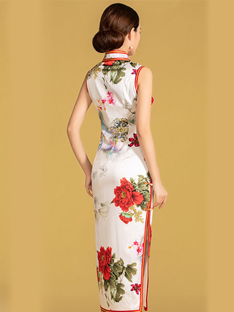 高雅桑蠶絲全開襟重工三捆邊長旗袍連衣裙