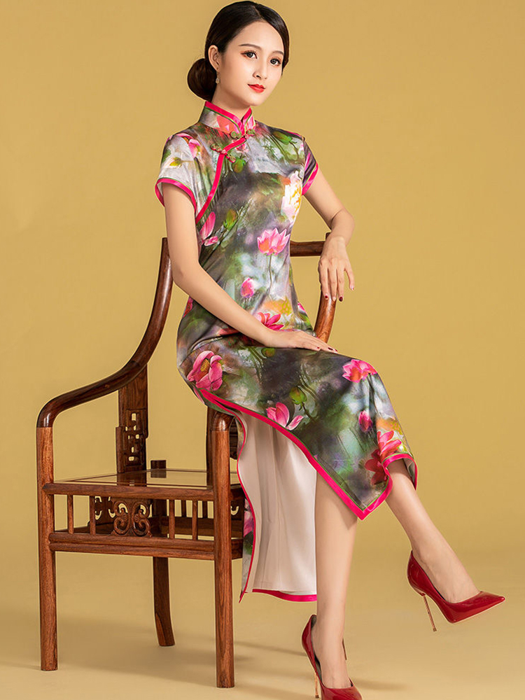 麗荷數碼花絲質鈄襟改良袍旗連衣裙