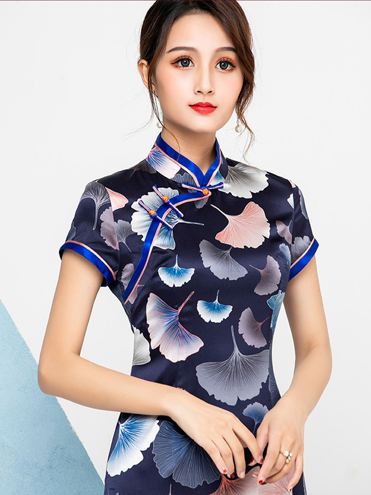 彩裳桑蠶絲數碼花斜襟改良長旗袍連衣裙