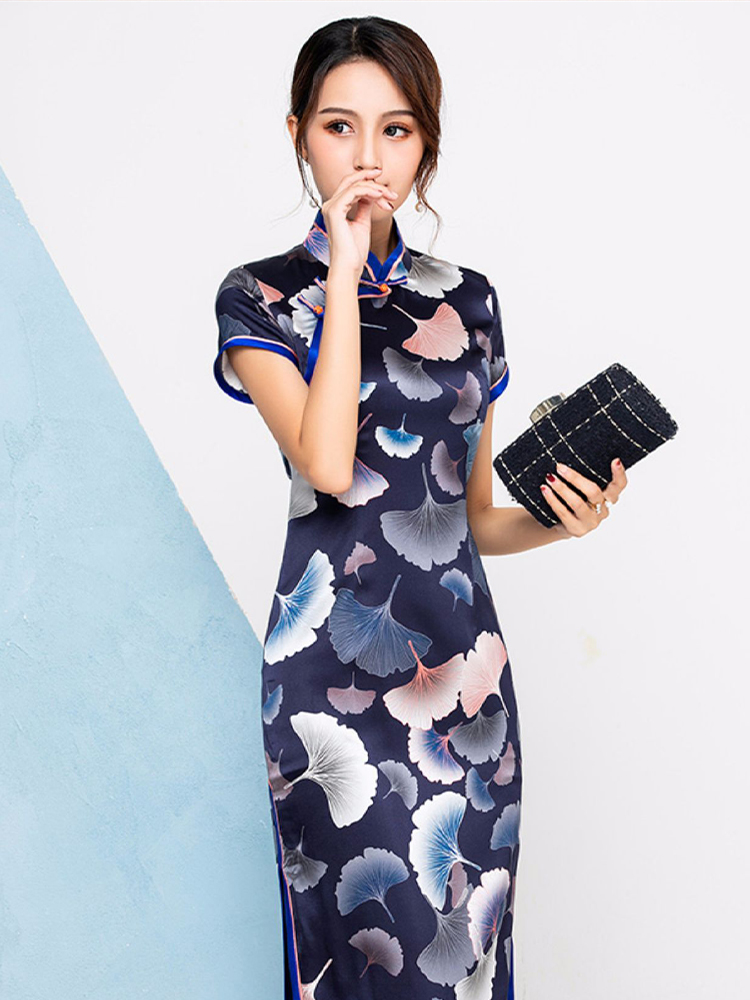 彩裳桑蠶絲數碼花斜襟改良長旗袍連衣裙
