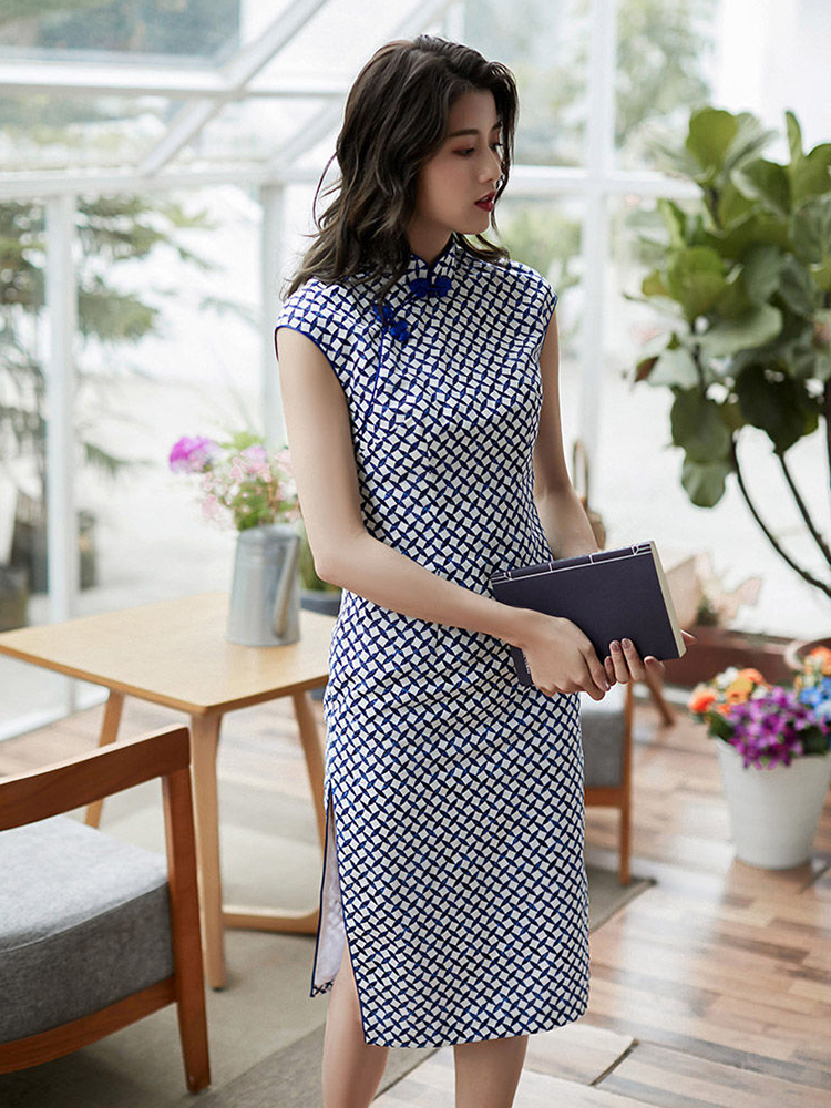 復古斜襟連肩袖改良旗袍連衣裙