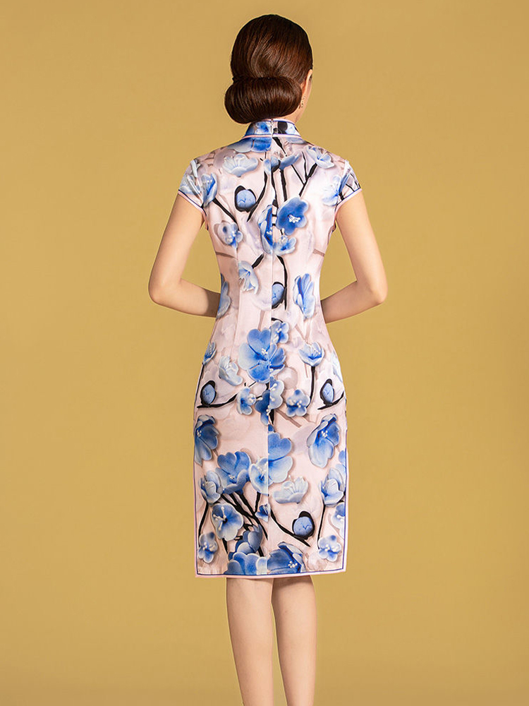 改良真絲後拉鏈短旗袍連衣裙