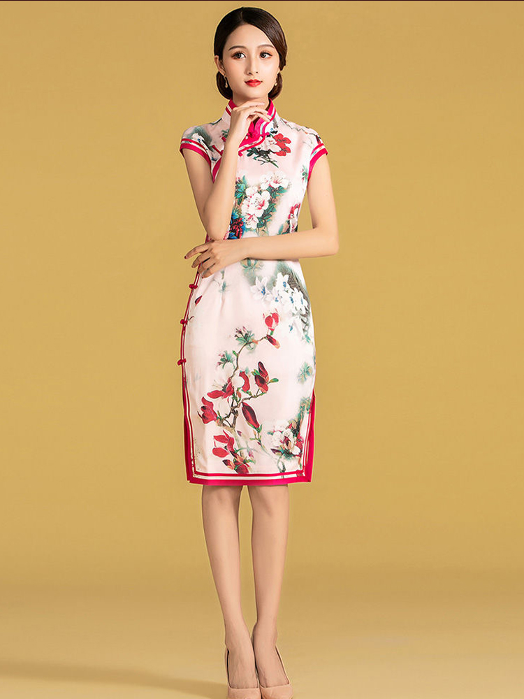 數碼花絲質全開襟雙捆重工旗袍連衣裙