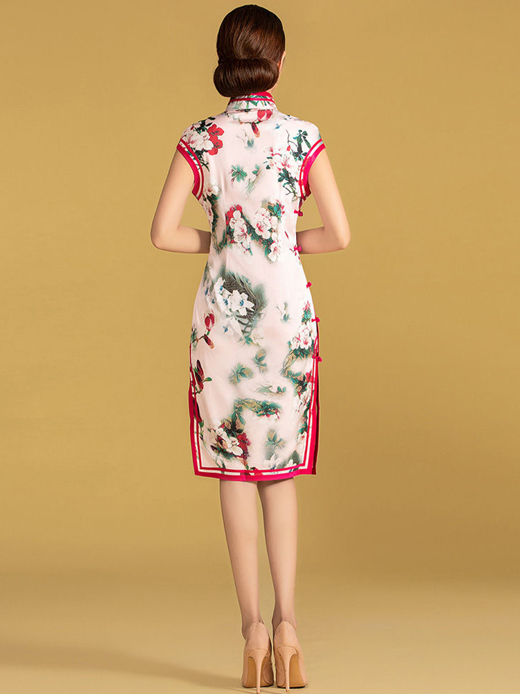 數碼花絲質全開襟雙捆重工旗袍連衣裙