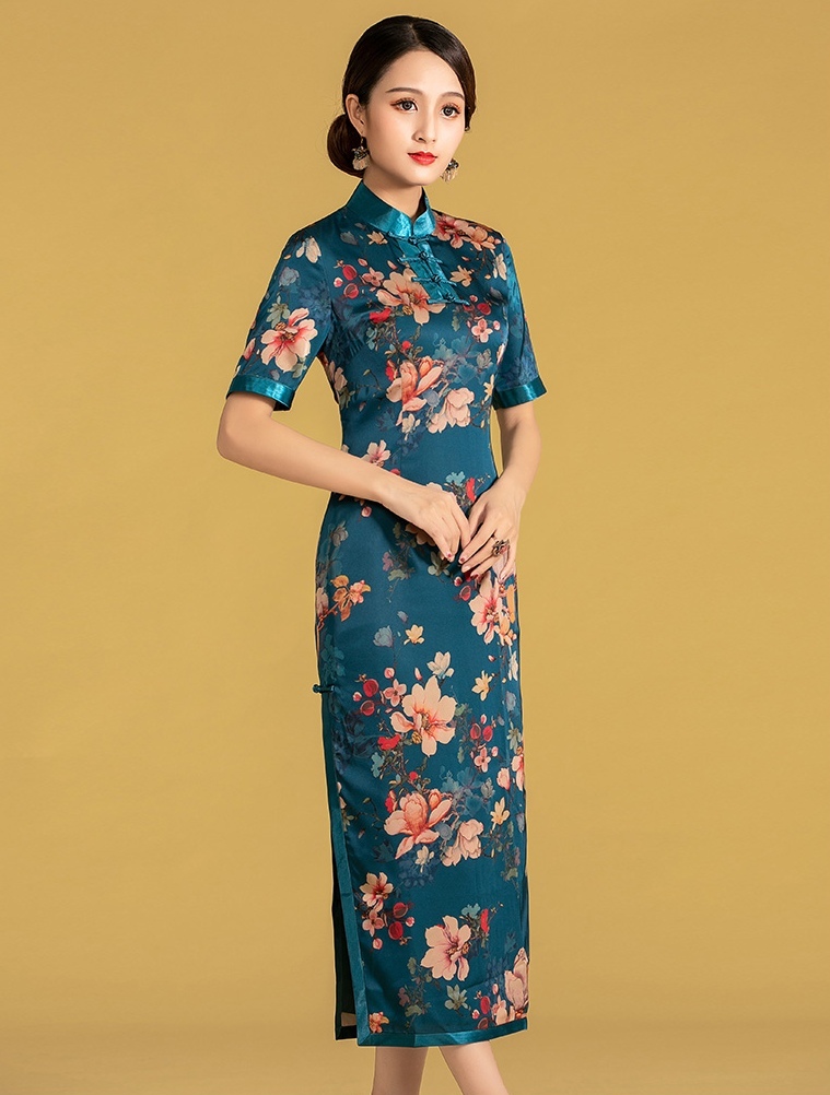 傳統印花改良長旗袍連衣裙