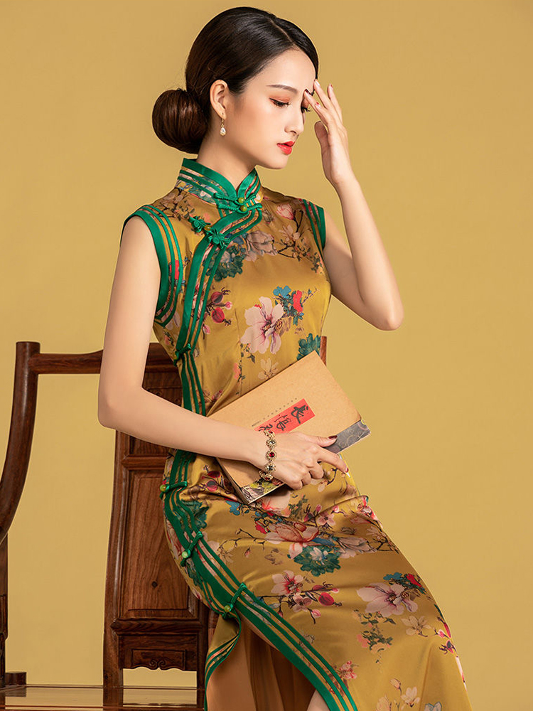 數碼花絲質印花三捆重工長旗袍連衣裙