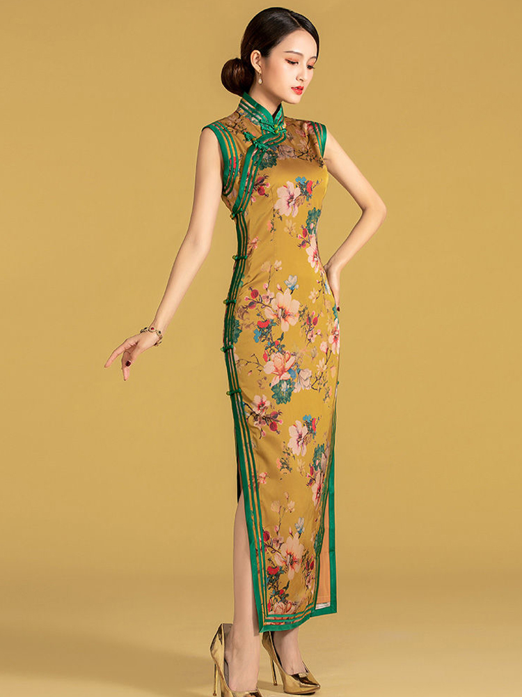 數碼花絲質印花三捆重工長旗袍連衣裙