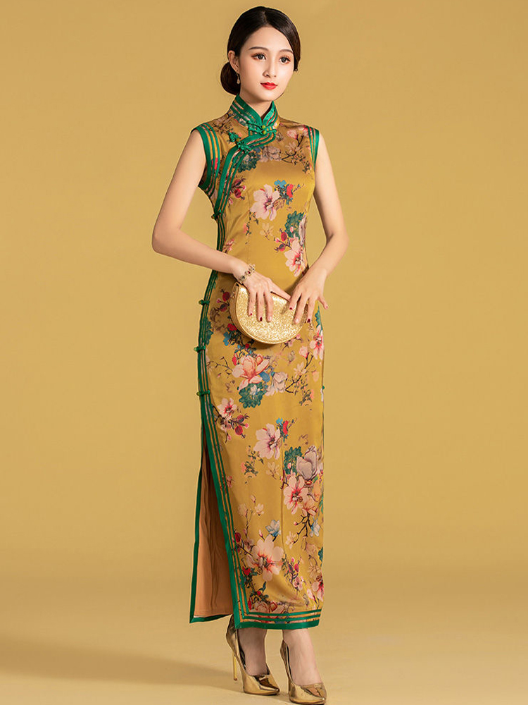 數碼花絲質印花三捆重工長旗袍連衣裙