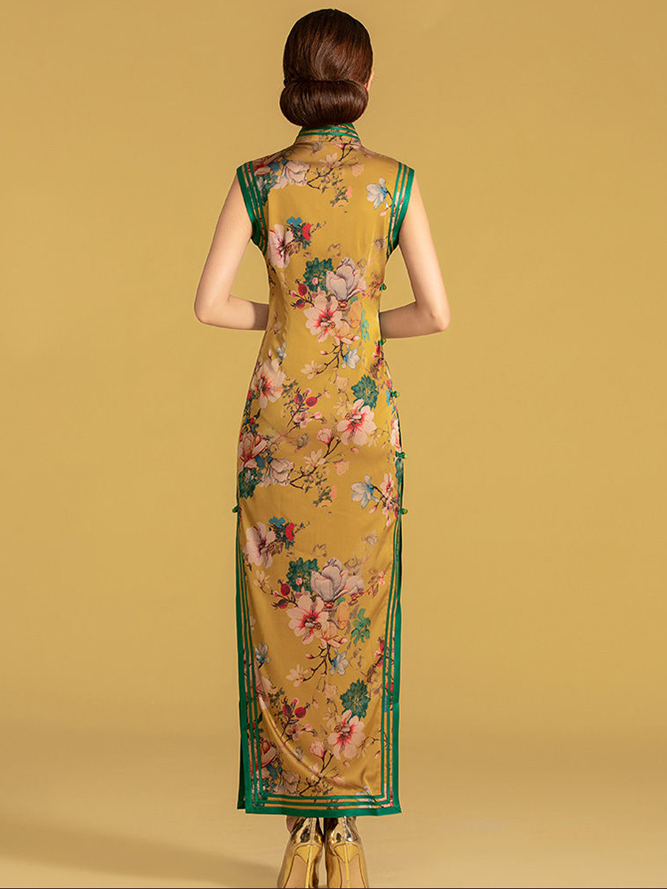 數碼花絲質印花三捆重工長旗袍連衣裙