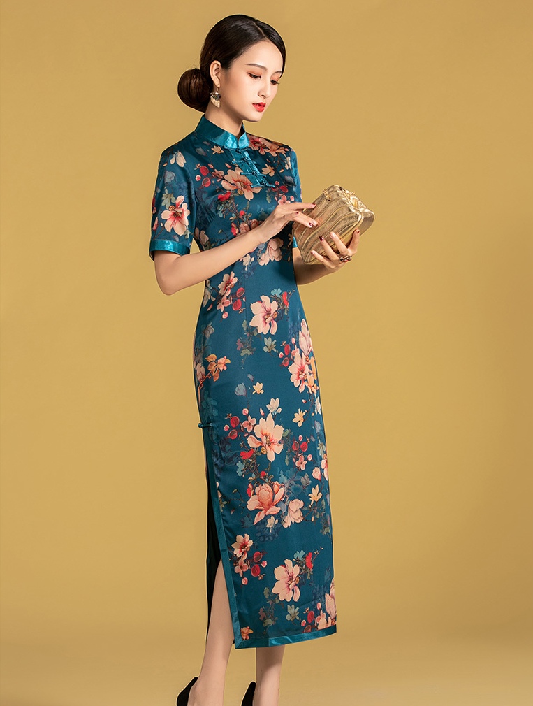 傳統印花改良長旗袍連衣裙