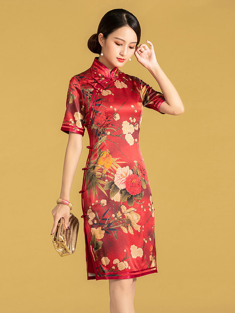 桑蠶絲全開襟雙捆重工旗袍連衣裙桑蠶絲全開襟雙捆重工旗袍連衣裙