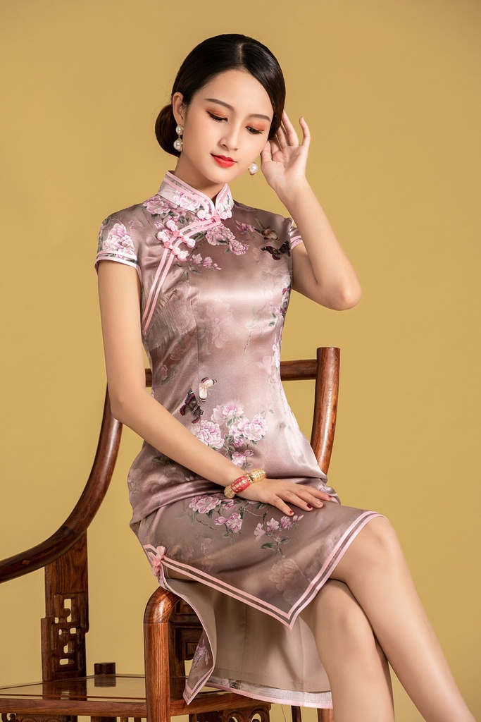 桑蠶絲斜襟雙捆重工旗袍連衣裙