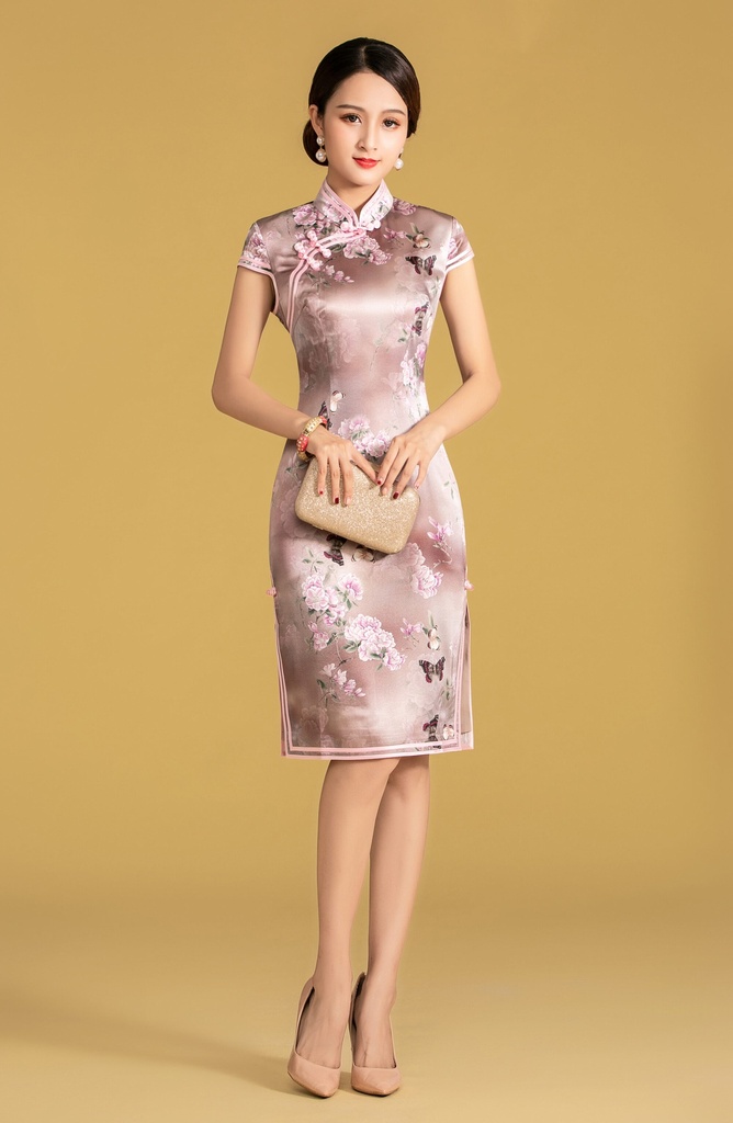 桑蠶絲斜襟雙捆重工旗袍連衣裙