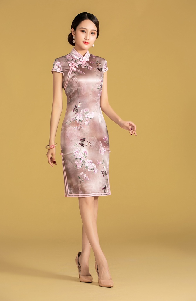 桑蠶絲斜襟雙捆重工旗袍連衣裙