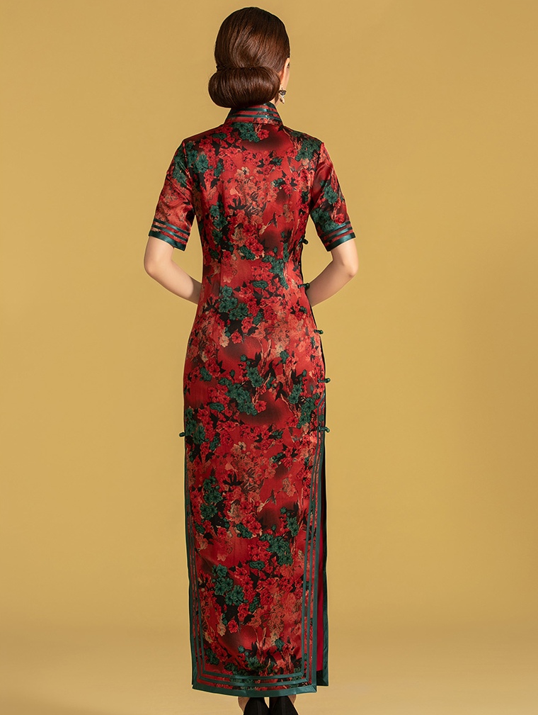 桑蠶絲防香雲沙緞面全開襟三㧢重工長旗袍連衣裙