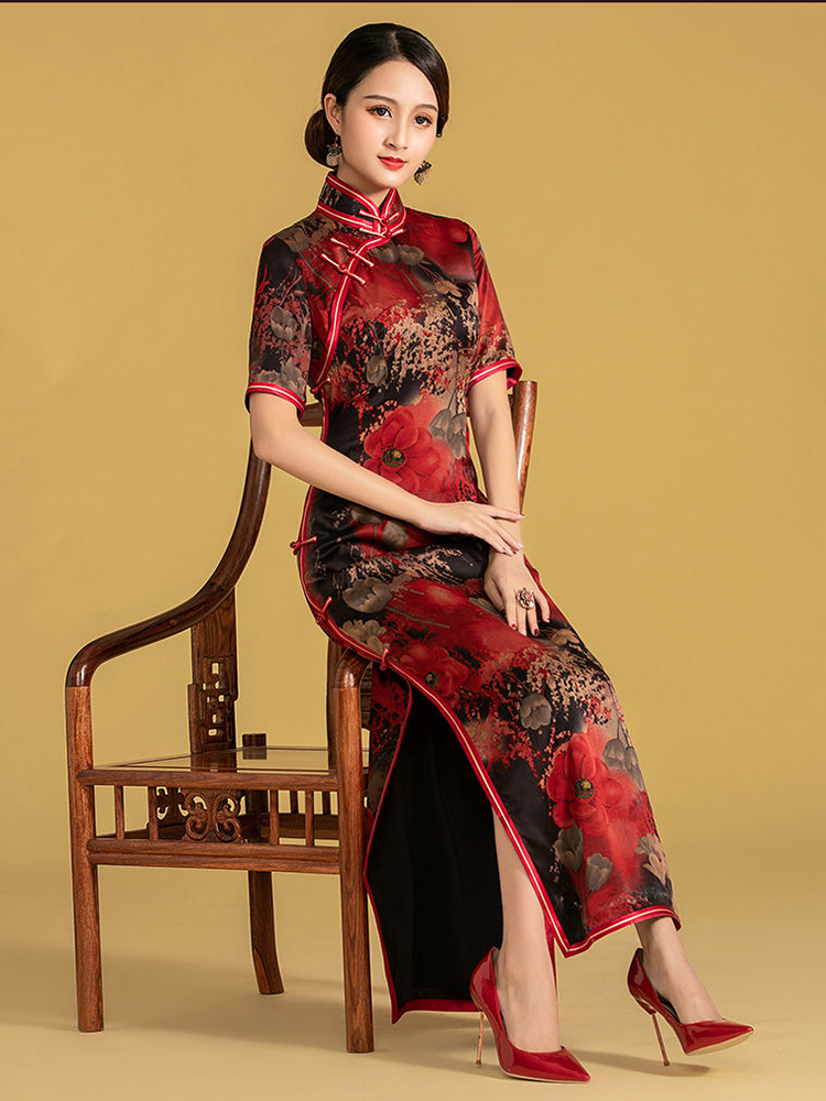 桑蠶絲香雲紗全開襟三捆重工長旗袍連衣裙