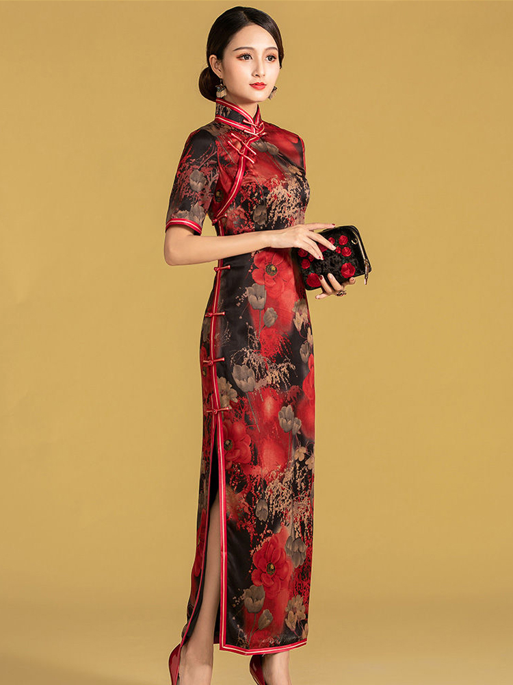 桑蠶絲香雲紗全開襟三捆重工長旗袍連衣裙