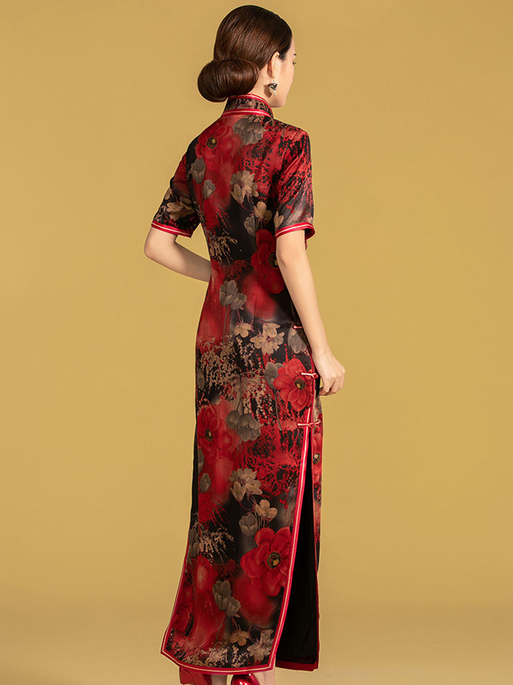 桑蠶絲香雲紗全開襟三捆重工長旗袍連衣裙