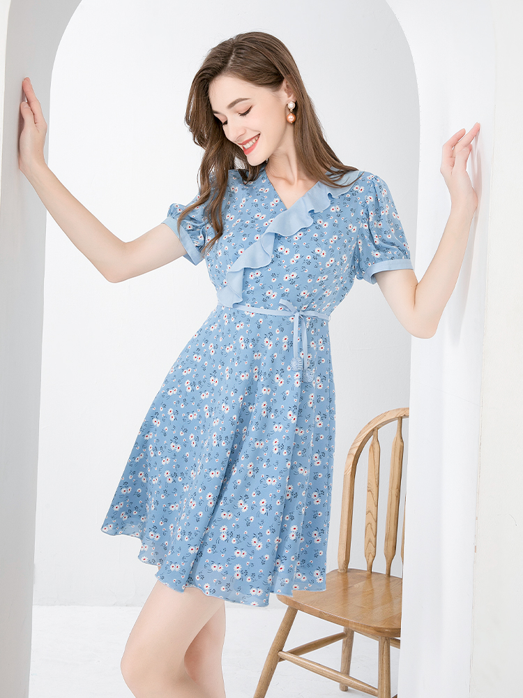 氣質雛菊碎花雪紡連衣裙