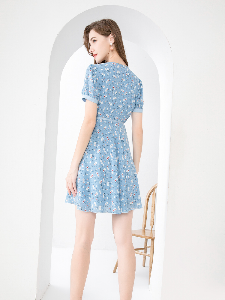 氣質雛菊碎花雪紡連衣裙