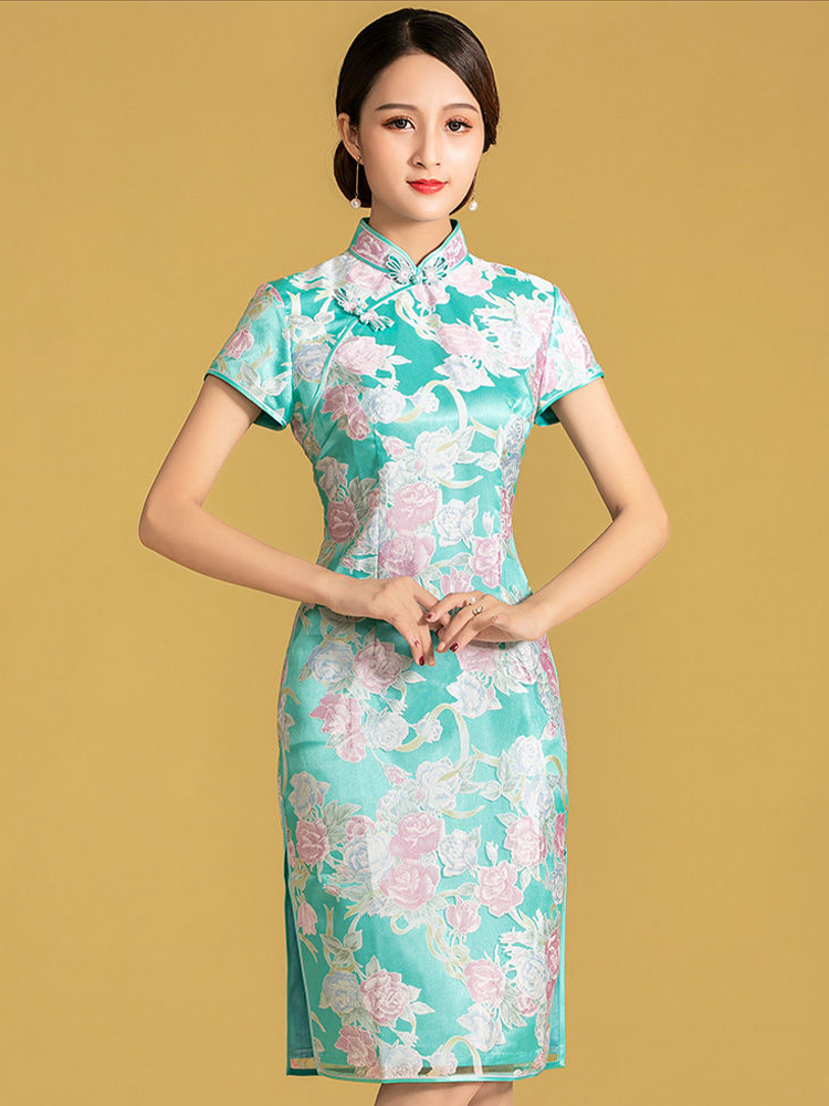 消花絲改良旗袍連衣裙