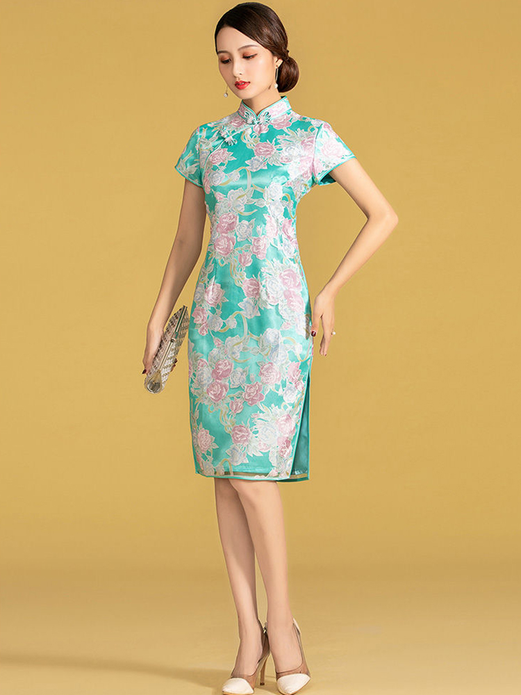 消花絲改良旗袍連衣裙