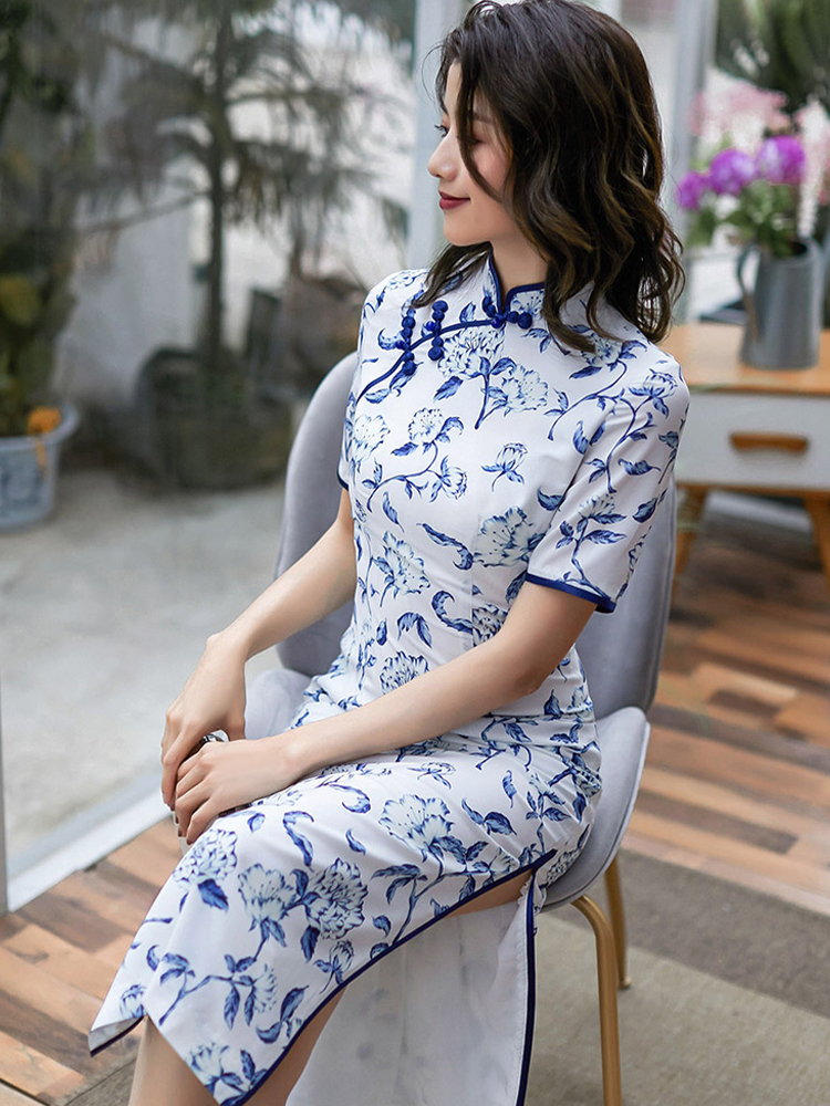 清雅印花斜襟改良旗袍連衣裙