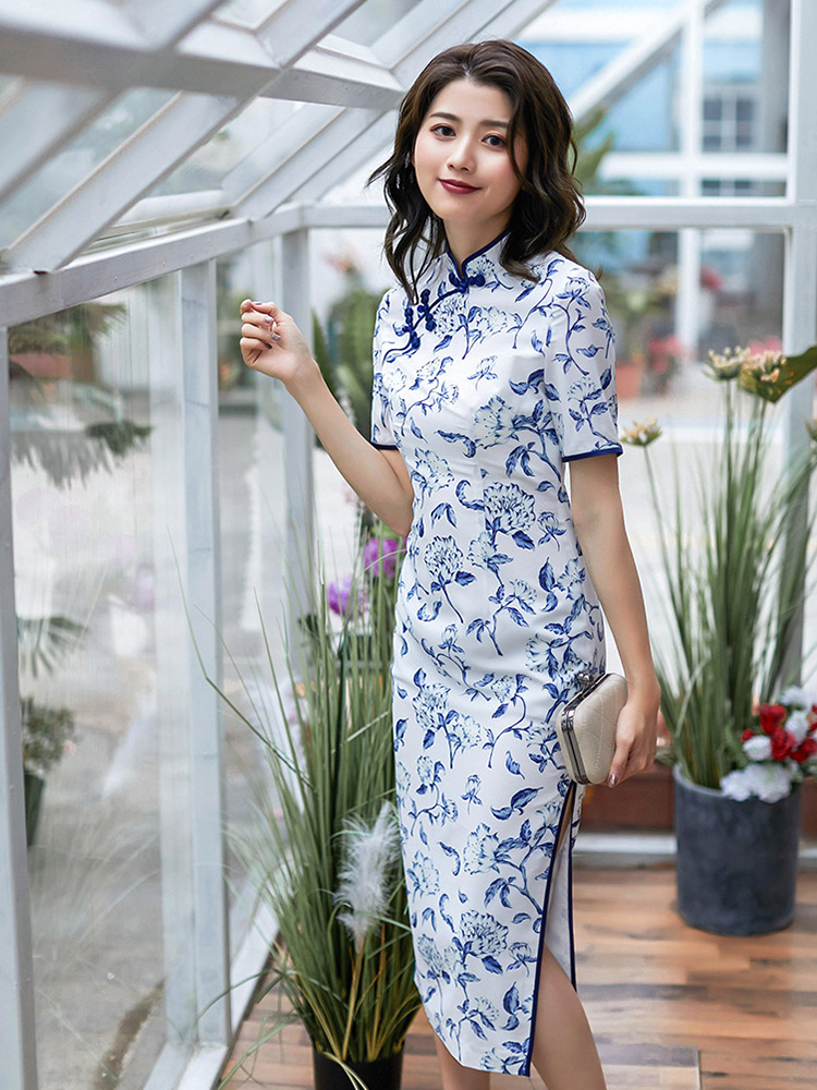 清雅印花斜襟改良旗袍連衣裙