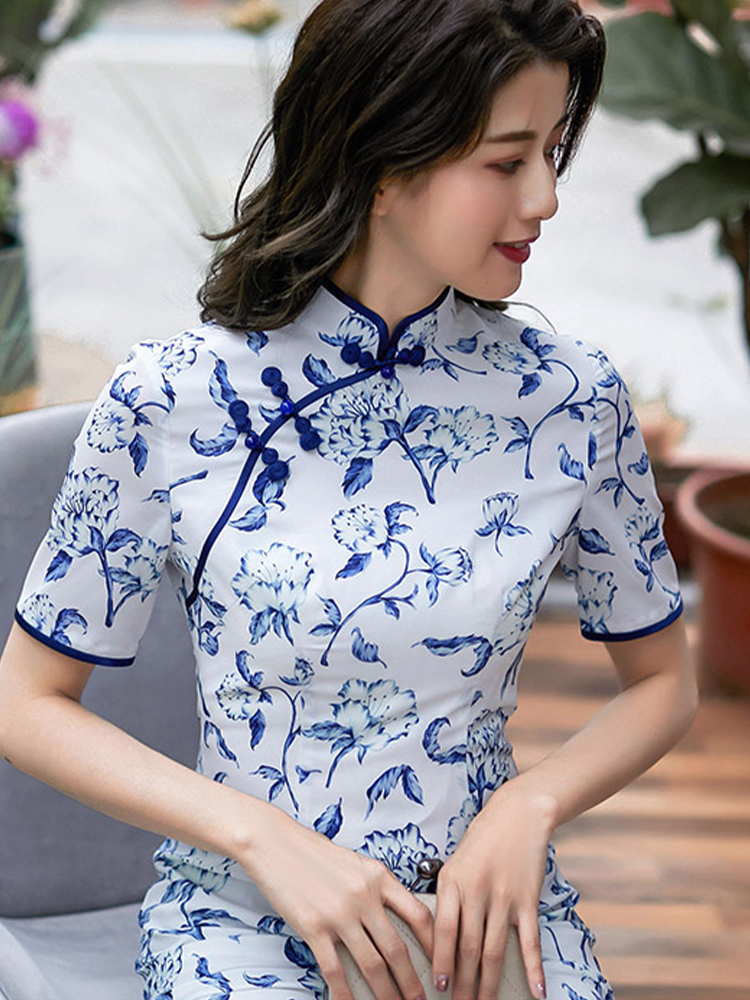 清雅印花斜襟改良旗袍連衣裙