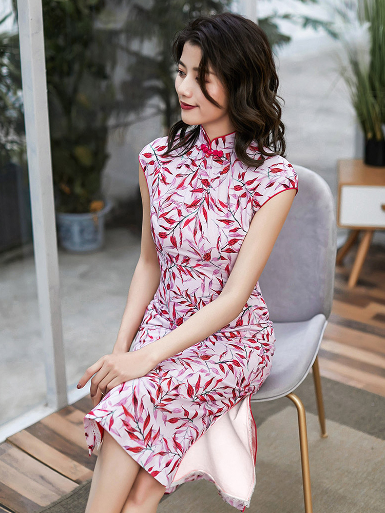 清雅時尚枝葉印花連肩袖旗袍連衣裙