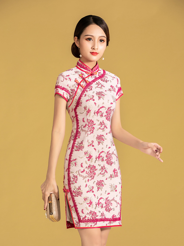 清雅立體小花斜襟改良短旗袍連衣裙