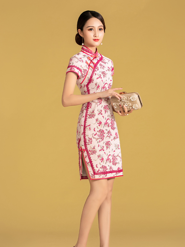 清雅立體小花斜襟改良短旗袍連衣裙