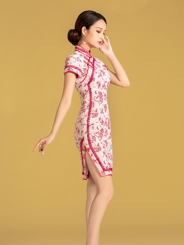 清雅立體小花斜襟改良短旗袍連衣裙