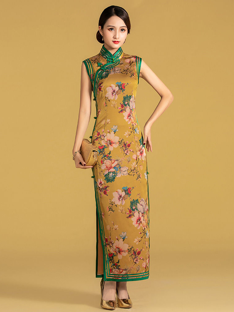 數碼花絲質印花三捆重工長旗袍連衣裙