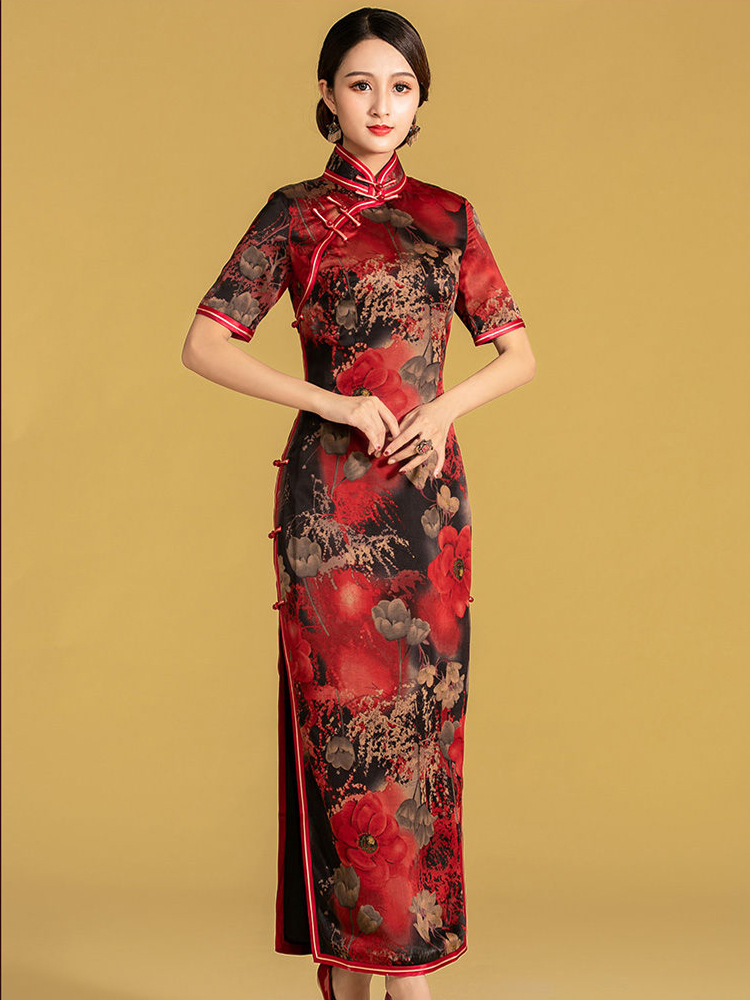 桑蠶絲香雲紗全開襟三捆重工長旗袍連衣裙