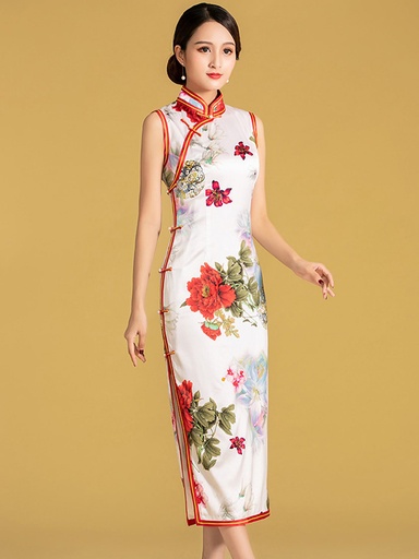 高雅桑蠶絲全開襟重工三捆邊長旗袍連衣裙