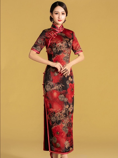 桑蠶絲香雲紗全開襟三捆重工長旗袍連衣裙